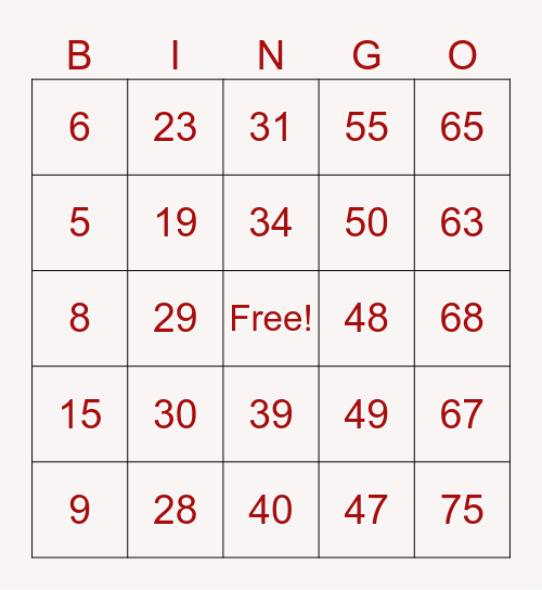 ASL Number Bingo 1-75 Bingo Card
