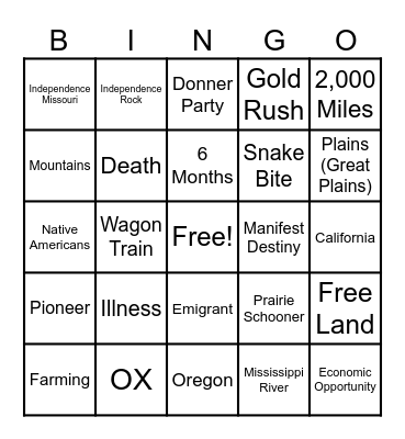 Oregon Trail Bingo Card