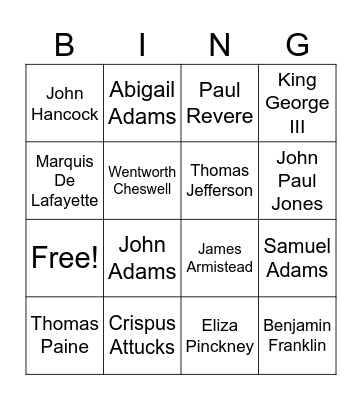 Individuals of the American Revolution Bingo Card