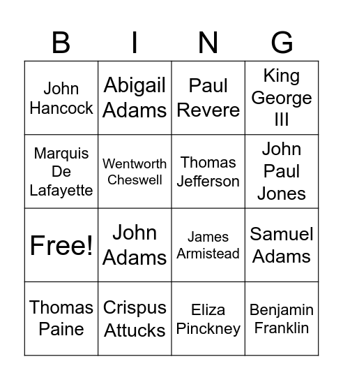 Individuals of the American Revolution Bingo Card
