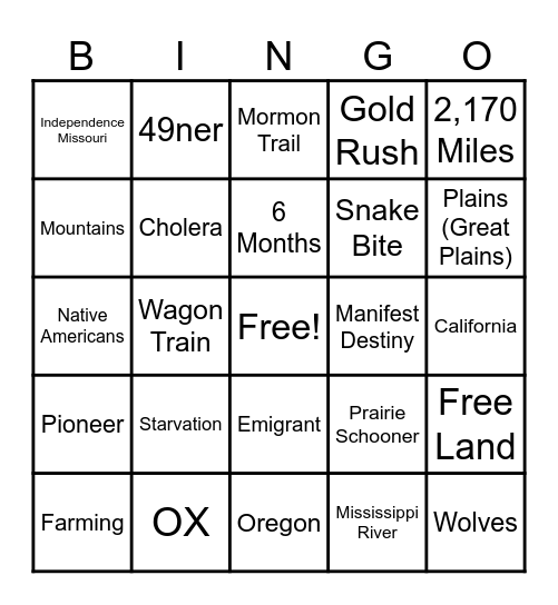 Oregon Trail Bingo Card