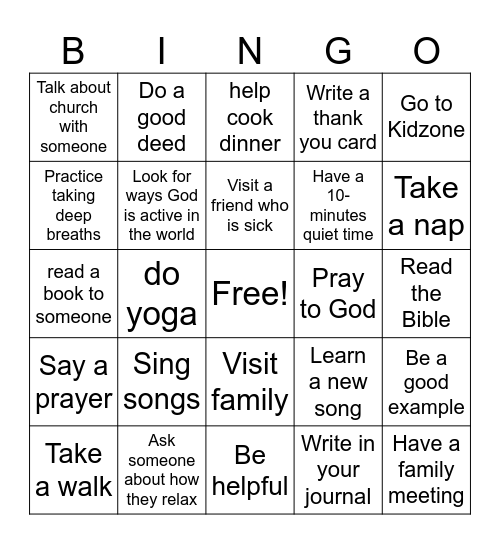 Sabbath Day Activities Bingo Card