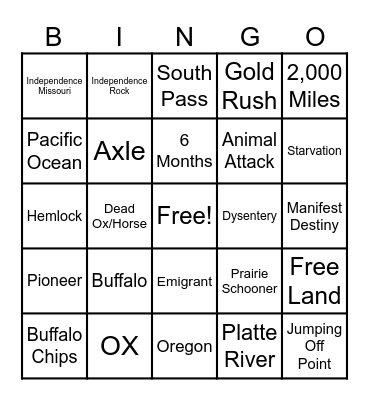Oregon Trail Bingo Card
