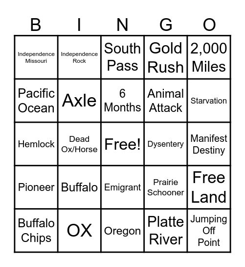 Oregon Trail Bingo Card