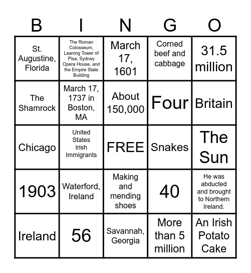 St. Patrick's Day Bingo Card