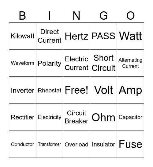 Electricity Bingo Card