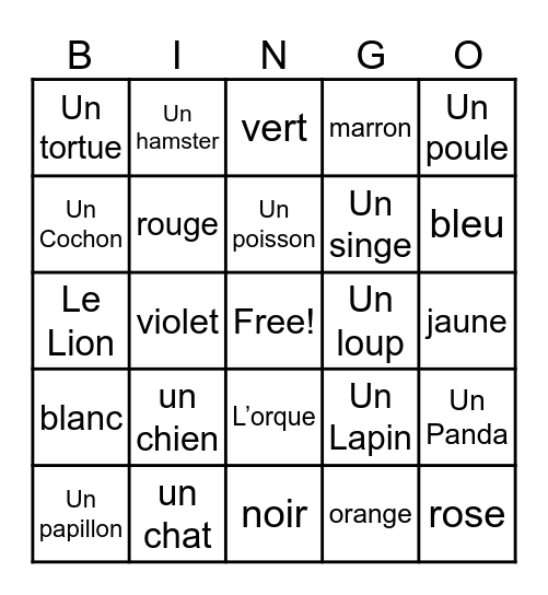 Animals en frainçais Bingo Card