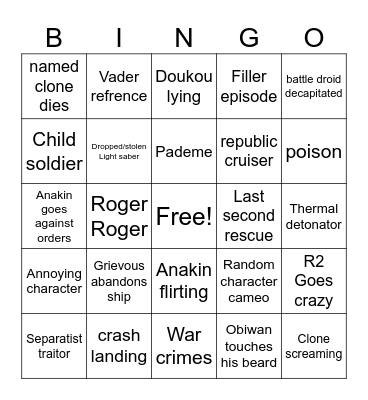 Clone wars bingo Card
