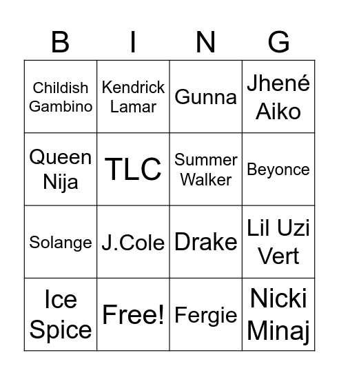 R&B / Hip-Hop Bingo Card