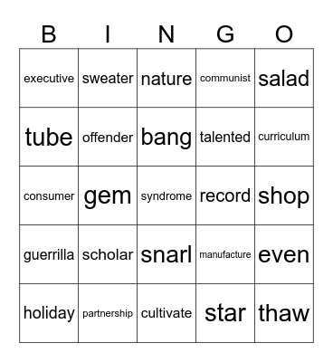 Game 1 Bingo Card