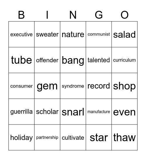 Game 1 Bingo Card