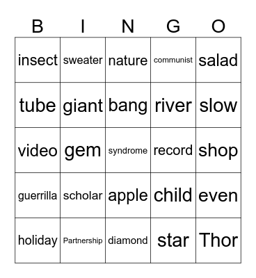 Game 1 Bingo Card