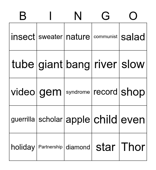 Game 1 Bingo Card