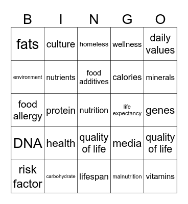 health vocabulary Bingo Card