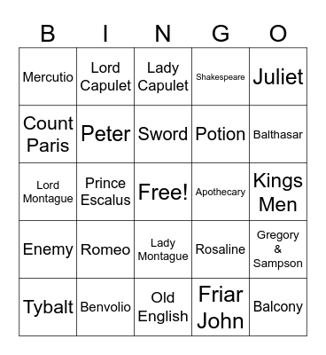 Romeo and Juliet Bingo Card
