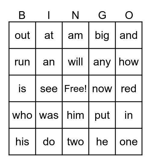 Sight Words Bingo Card