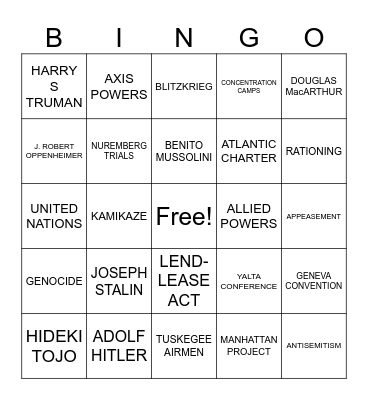 WWII Vocab Bingo Card
