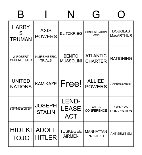 WWII Vocab Bingo Card