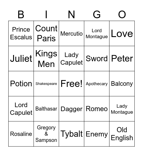 Romeo and Juliet Bingo Card