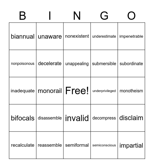 Prefix Bingo Card