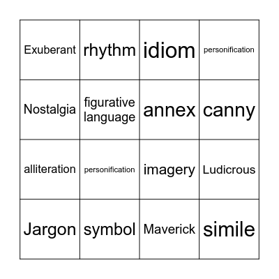 Figurative Language/Poetic Devices/Vocabulary Bingo Card