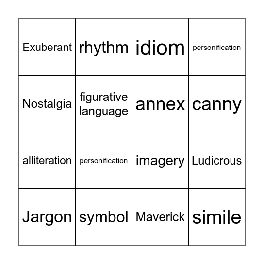 Figurative Language/Poetic Devices/Vocabulary Bingo Card