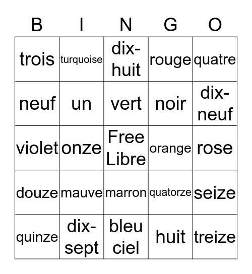 Les Nombres et Les Couleurs Bingo Card