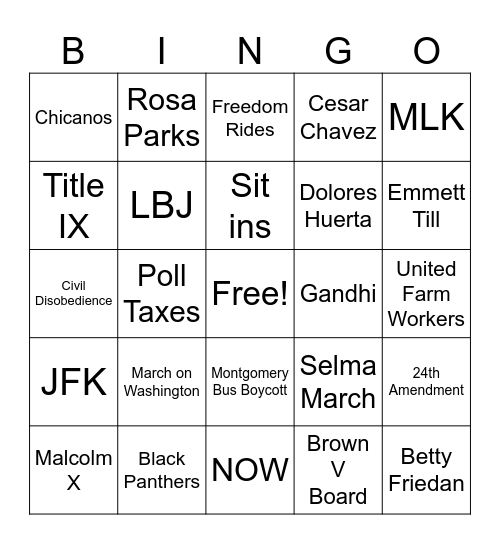 Civil Rights Bingo Card