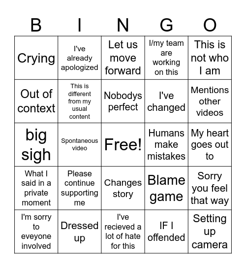 YouTube Apology Bingo Card