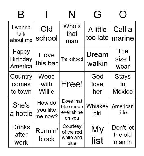 Toby Keith Bingo Card