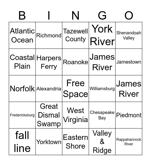 Virginia Places Bingo Card