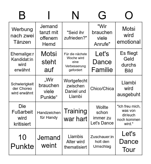Let's Dance 2024 Bingo Card