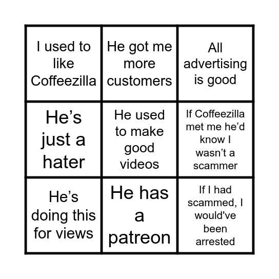 Coffeezilla Copes Bingo Card