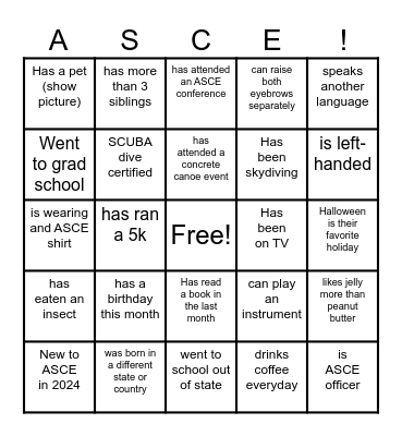 ASCE BINGO find someone who... Bingo Card