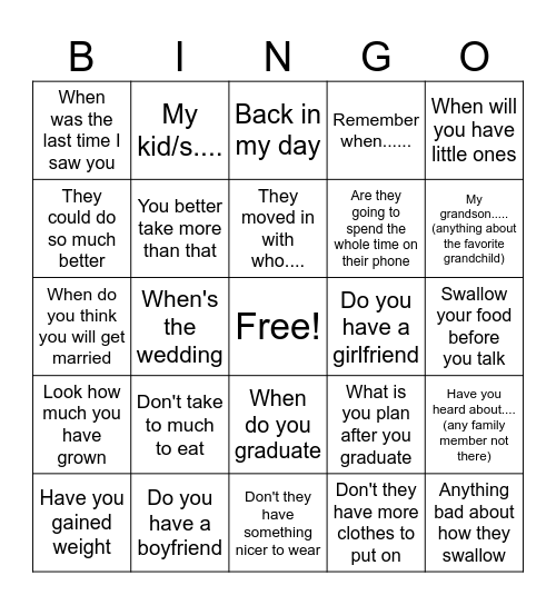 What Will the Aunts Say Bingo Card