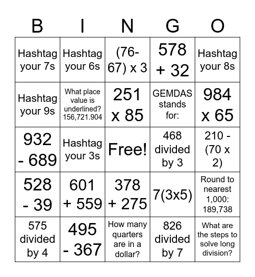 5th grade MATH Bingo Card