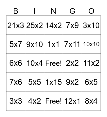 Multiplication Bingo Card