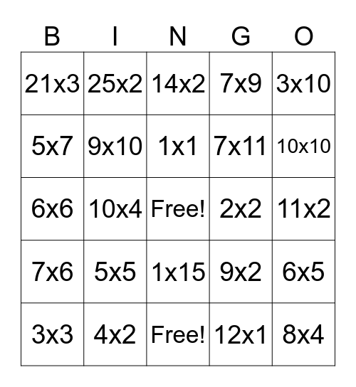 Multiplication Bingo Card