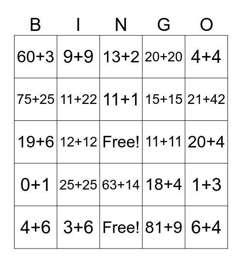Addtion Bingo Card