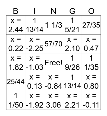 equation/fraction bingo Card