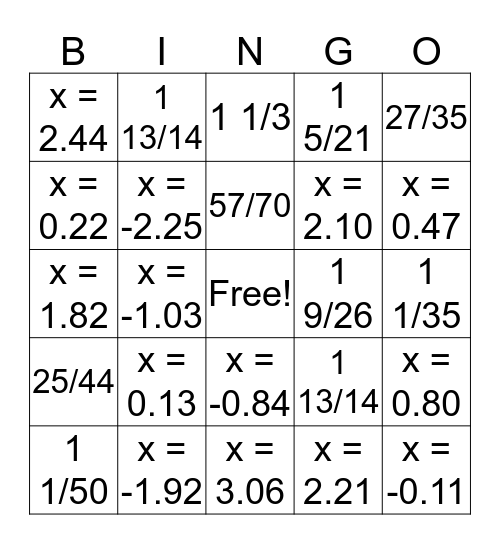equation/fraction bingo Card