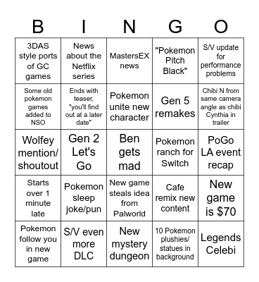 Jacob's Pokemon Bingo Card