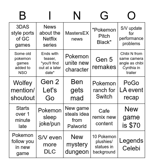Jacob's Pokemon Bingo Card