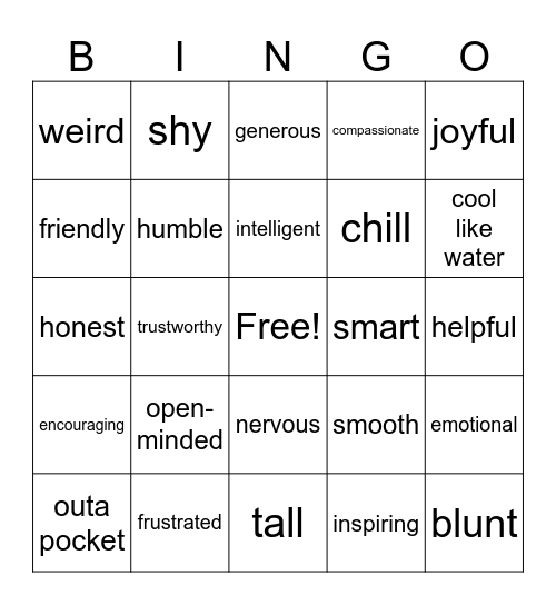 Personality Bingo Card