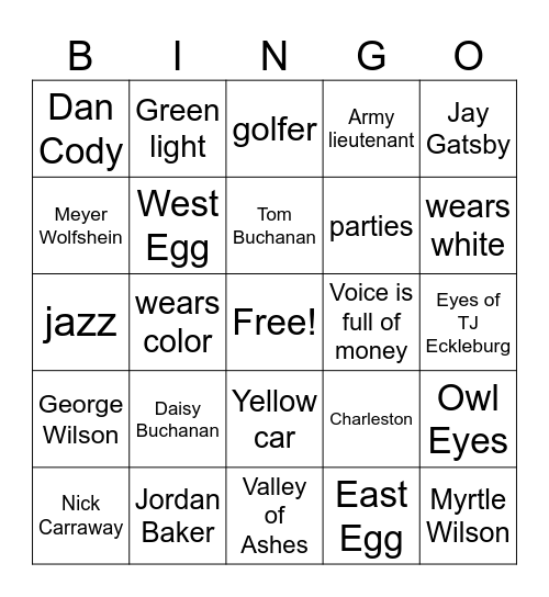 Gatsby Bingo Card