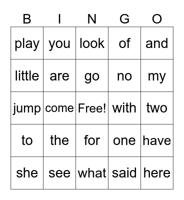 Sight Words Bingo Card