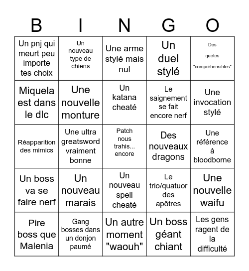 Elden ring DLC Bingo Card