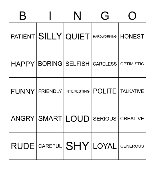 PERSONALITY BINGO Card