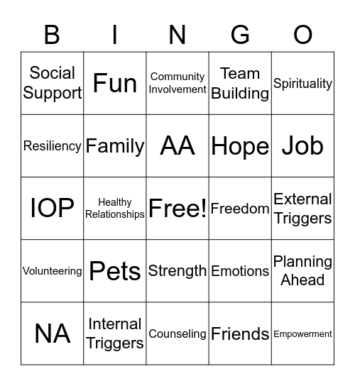 Recovery Bingo Card