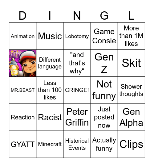 YOUTUBE SHORT BINGO Card